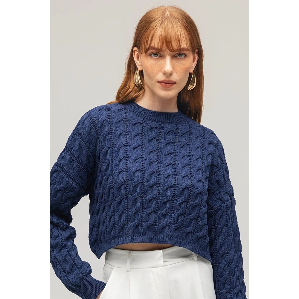 Babaton Sweater‎ Womens 2XS Navy Blue Merino Wool Cable Knit Cropped 111233
